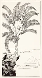 Pestonjee Bomanjee istuu palmussaan ja katselee sarvikuonon haikaroiden kylpemistä, kuvitus Rudyard Kiplingin pubista "Just So Stories for Little Children". Lontoo, 1951